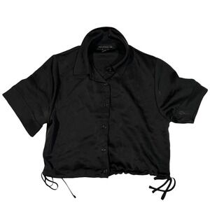 House of Harlow 1960‎ Black Satin Drawstring Cropped Shirt Top Womens Medium